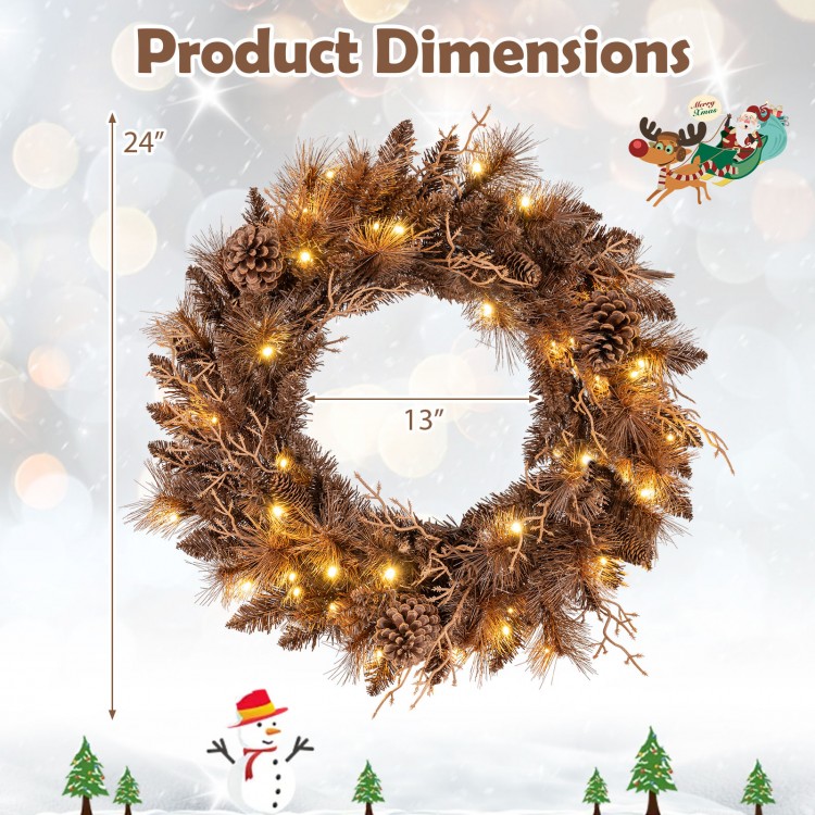 24-inch pre-lit Christmas wreath with 105 branch tips and 35 warm white LED lights, perfect for festive wall or door.