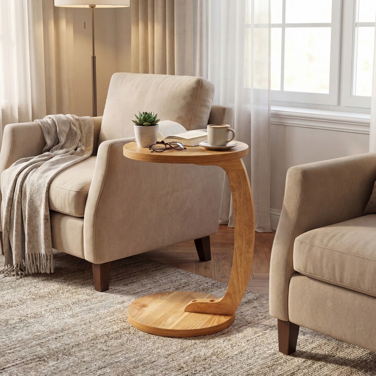 C-shaped side table made of solid teak wood with a thickened top, perfect for placing drinks and decor beside your.