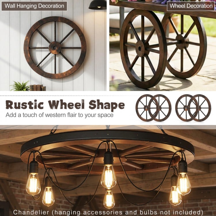 Decorative 24-inch wooden wagon wheel in carbonized fir wood, ideal for rustic home decoration on walls or barn doors.