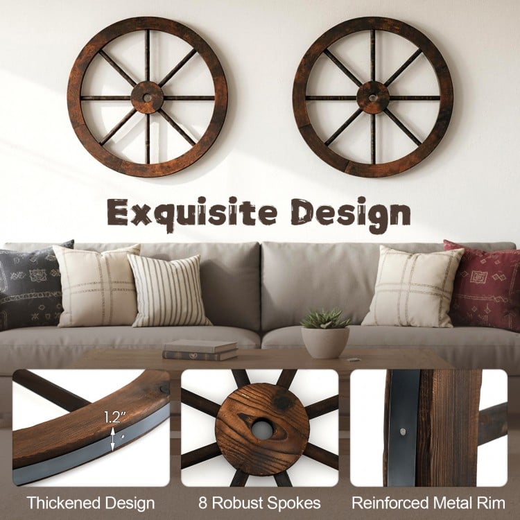 Set of 2 decorative wooden wagon wheels, 24" diameter, carbonized solid fir wood with robust metal rim for rustic decor.