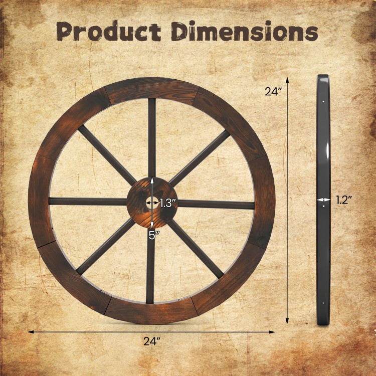 24-inch decorative wooden wagon wheel with a carbonized finish, showcasing dimensions for rustic home decoration.