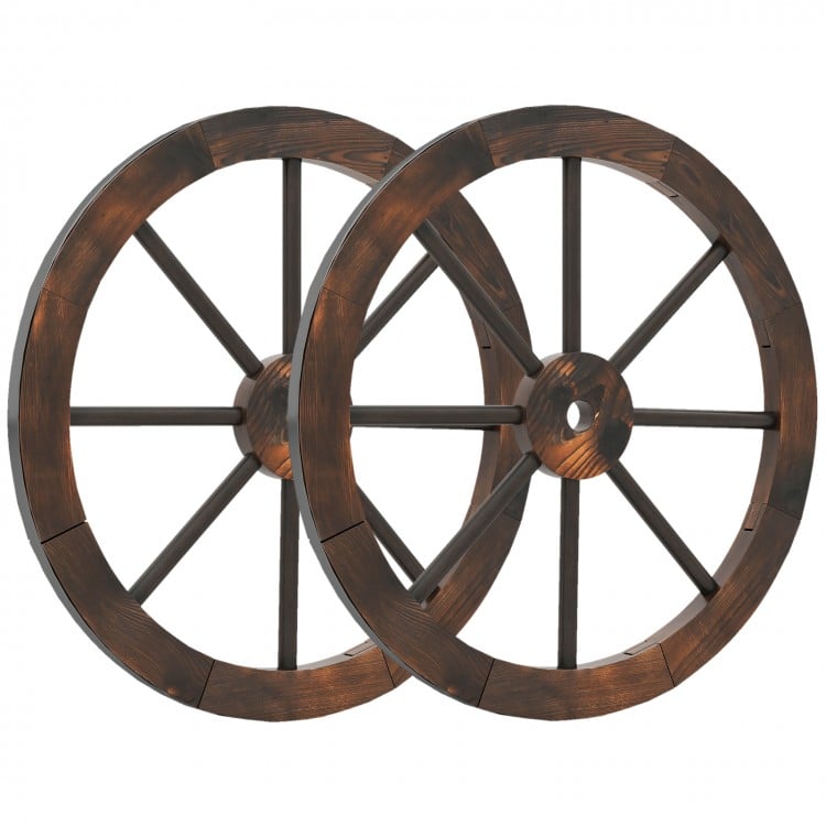Set of 2 decorative 24-inch wooden wagon wheels in carbonized fir wood, perfect for rustic home decoration.