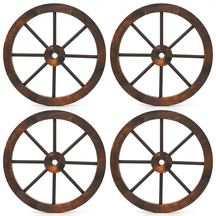 Set of 4 decorative wooden wagon wheels, 24" diameter, carbonized solid fir wood, perfect for rustic home decor.