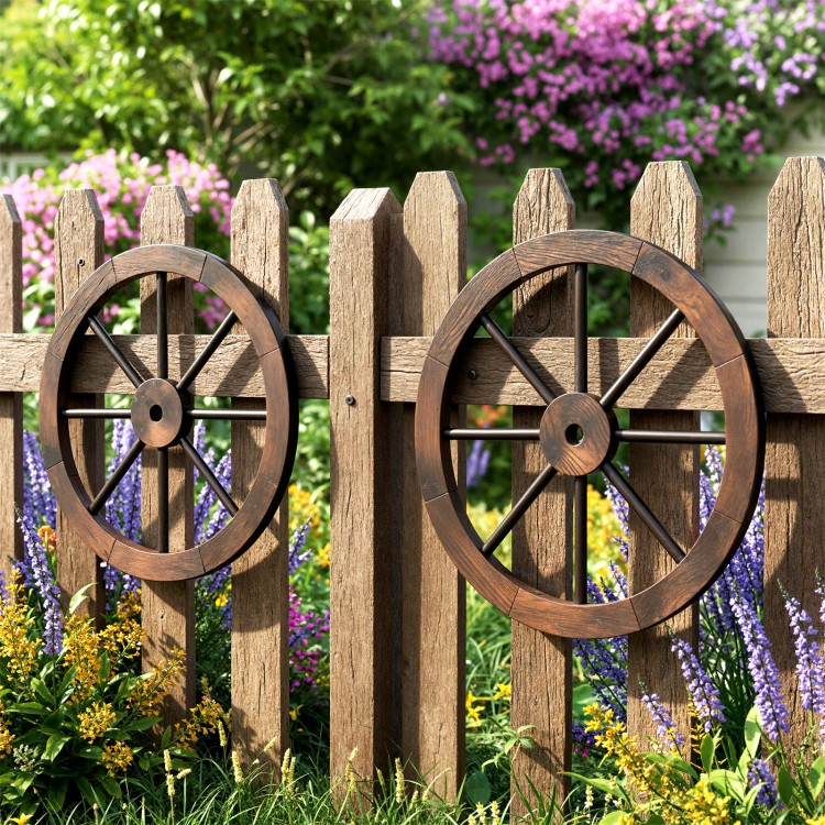 Decorative 24-inch wooden wagon wheels made of carbonized fir wood, perfect for rustic indoor and outdoor decor.