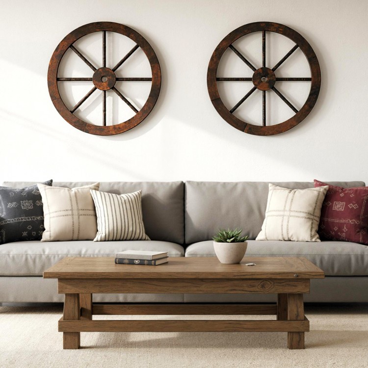 Decorative wooden wagon wheels made of carbonized solid fir wood, enhancing rustic home decor with a classic charm.
