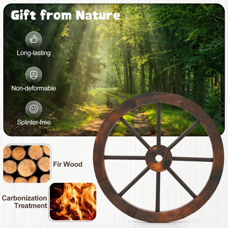 24-inch decorative wooden wagon wheel made of carbonized fir wood, ideal for rustic indoor and outdoor decor.