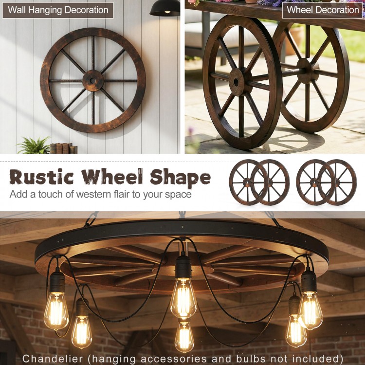 Decorative wooden wagon wheel, 24-inch diameter, carbonized solid fir wood, perfect for rustic wall decoration.