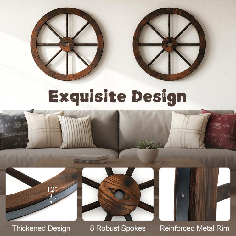 Set of 4 decorative wooden wagon wheels, 24" diameter, carbonized fir wood with robust metal rim for rustic wall decor.