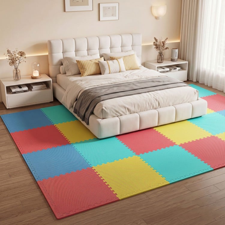 Multicolor interlocking EVA foam floor tiles provide non-slip comfort and protection for living rooms, gyms, and garages.