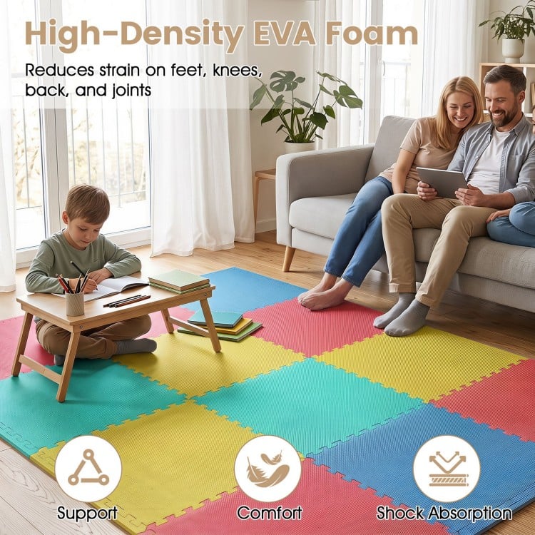 Multicolor interlocking EVA foam floor tiles provide comfort and shock absorption, ideal for living rooms and home gyms.