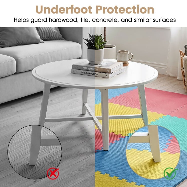 Non-slip protective interlocking EVA foam floor tiles in multicolor, 0.5" thick for comfort and shock absorption.