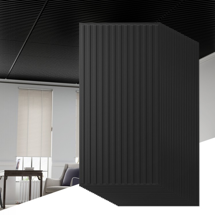 Black PVC slat wall panel with 3D fluted texture, ideal for modern interior decoration in living rooms and bedrooms.