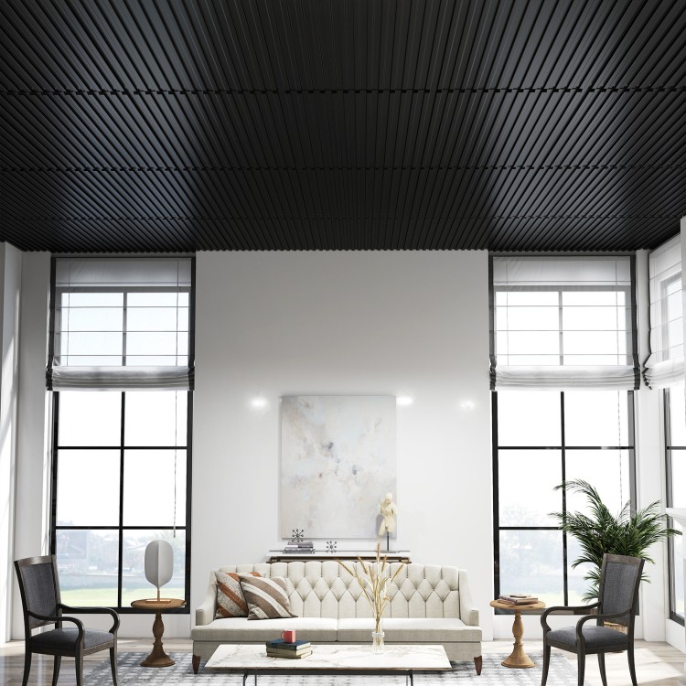 Black PVC slat wall panels with 3D fluted texture, ideal for modern living room decoration and easy DIY installation.