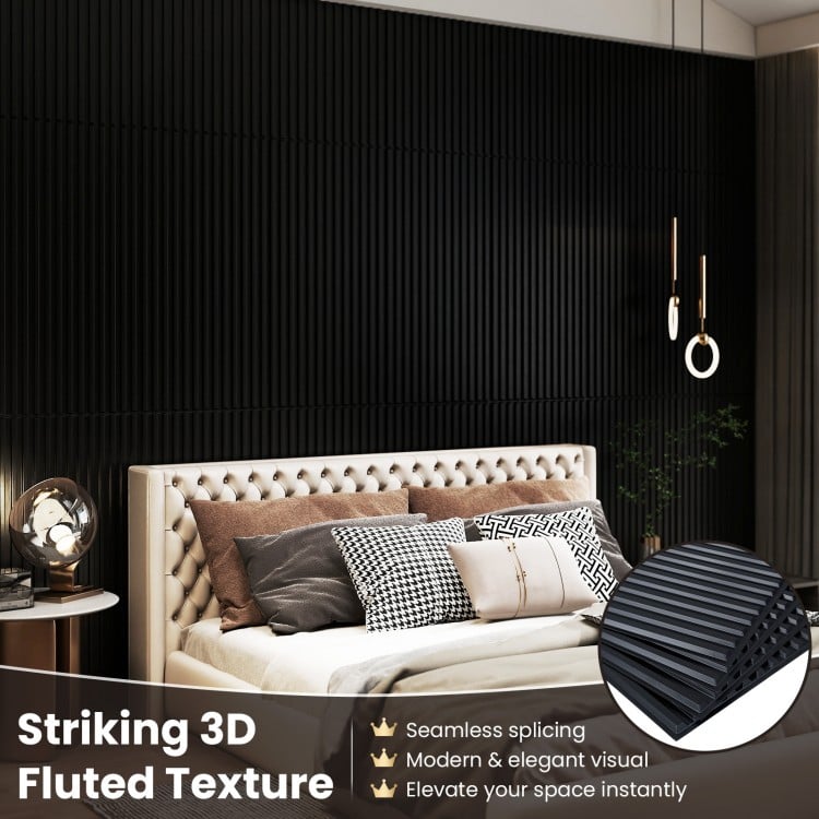 Black PVC slat wall panel showcasing striking 3D fluted texture, perfect for modern interior wall decoration.