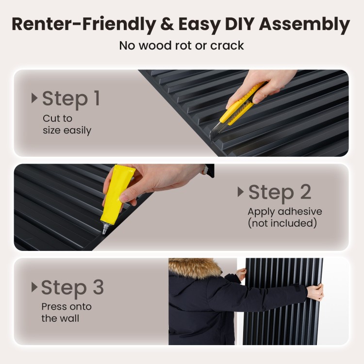 24-pack black PVC slat wall panels with 3D fluted texture, easy DIY assembly for elegant interior wall decoration.
