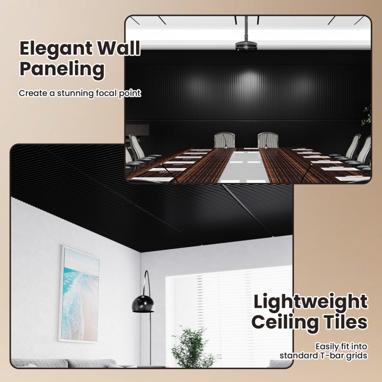 Black PVC slat wall panels with 3D fluted texture, ideal for elegant interior decoration in living rooms and more.