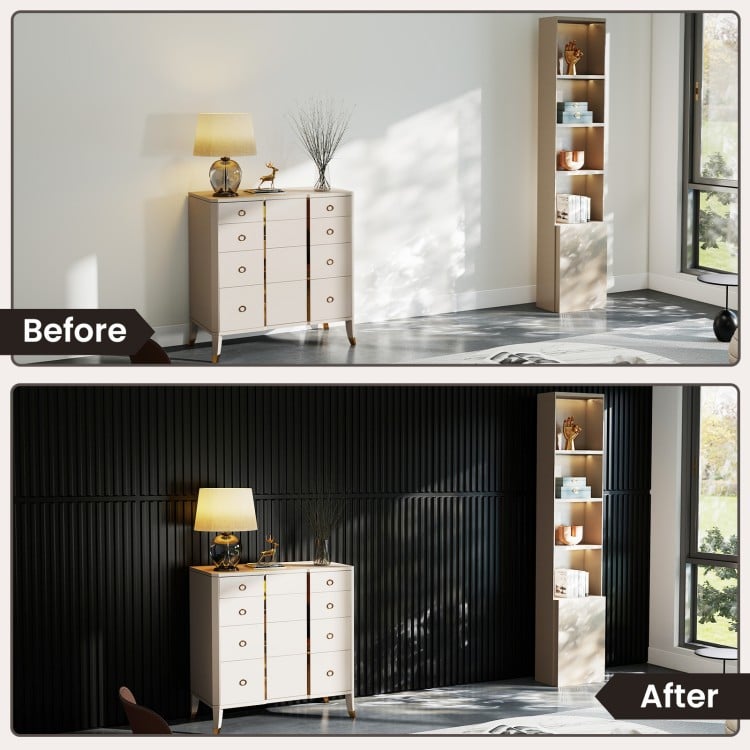 Black PVC slat wall panels with 3D fluted texture for modern interior wall decoration in living rooms and bedrooms.