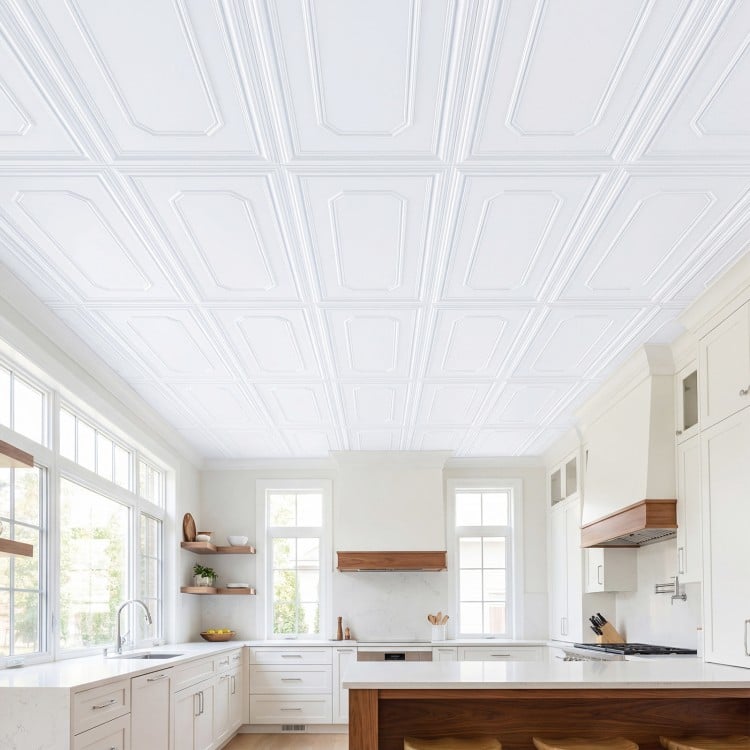 Ceiling tiles in a 3D-style design, made of lightweight PVC, ideal for easy installation in various interior spaces.
