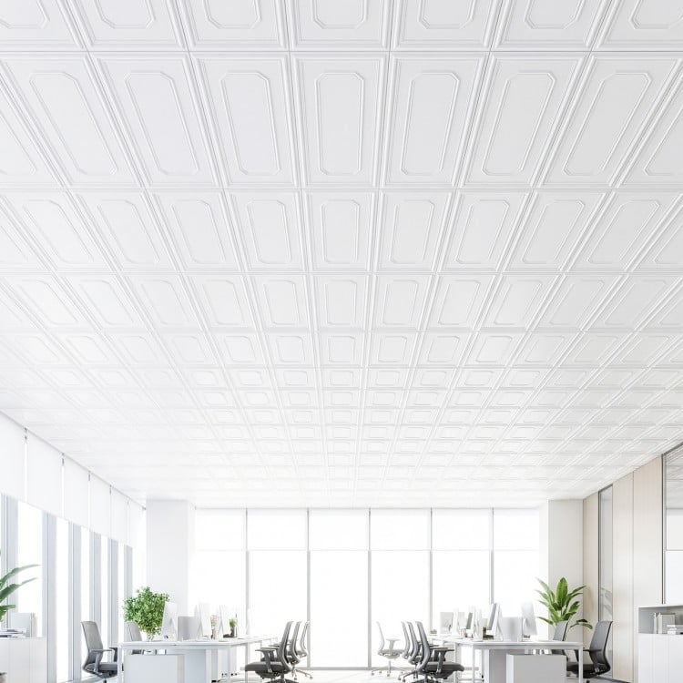 3D-style PVC ceiling tiles in a bright office, showcasing easy installation and a minimalist design for various.
