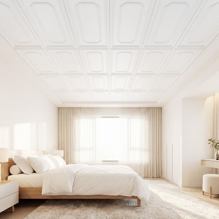 Minimalist 3D-style PVC ceiling tiles in a bright room, perfect for easy DIY customization and interior decoration.