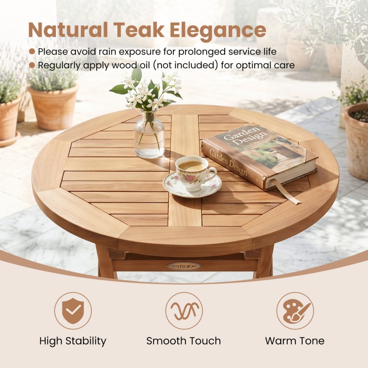 24" round solid teak outdoor folding bistro table with footrest, featuring a smooth touch and warm tone for patio use.