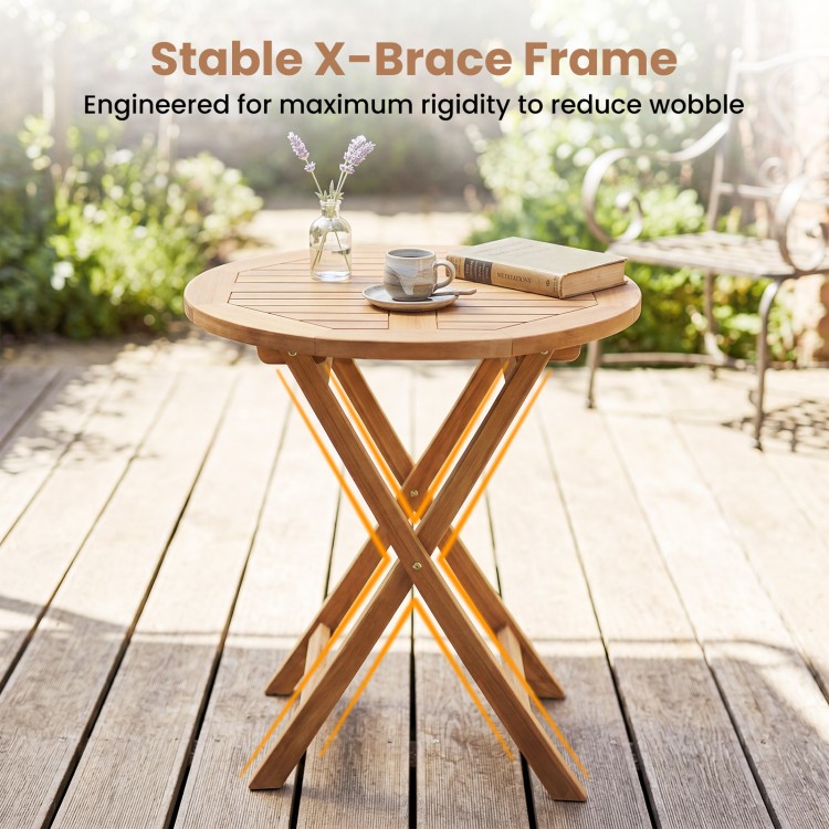 24" round solid teak outdoor folding bistro table with stable X-brace frame, perfect for patios and small spaces.