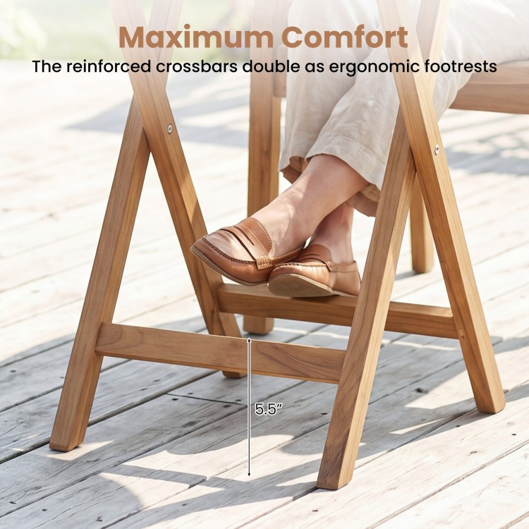 Teak outdoor folding bistro table with ergonomic footrest, featuring a 24" diameter for compact spaces and stability.