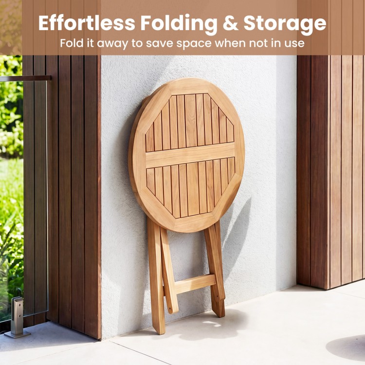 Round 24" solid teak outdoor folding bistro table with footrest, designed for space-saving storage on patios and.