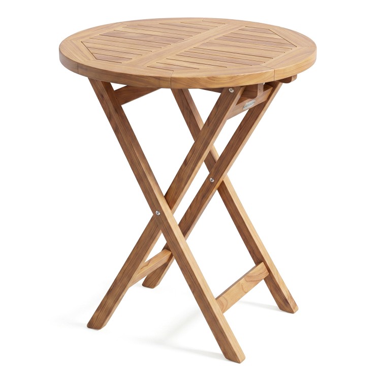 24" round solid teak outdoor folding bistro table with ergonomic footrest, perfect for small spaces on patios or.