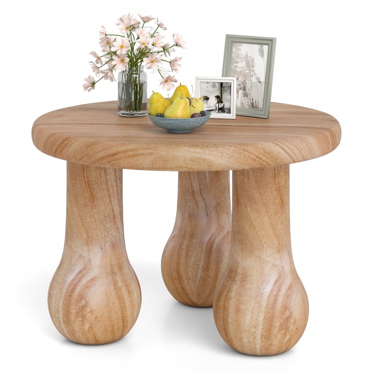 Small solid mahogany wood coffee table with thickened top and column legs, ideal for living room or patio use.