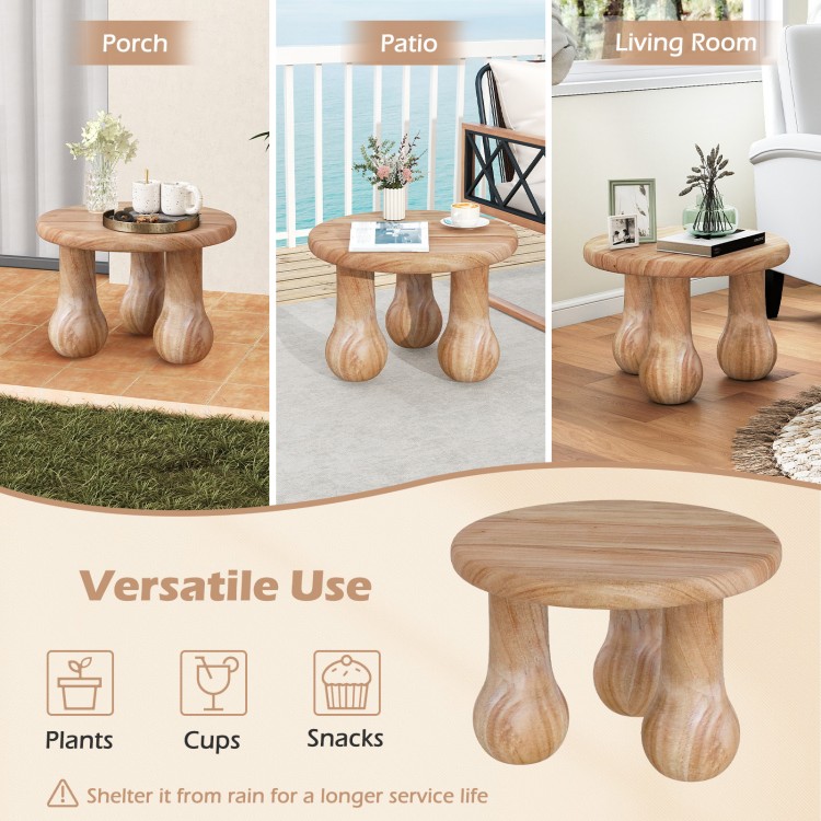 Small solid mahogany wood coffee table with thickened top and column legs, ideal for living room, patio, or porch use.