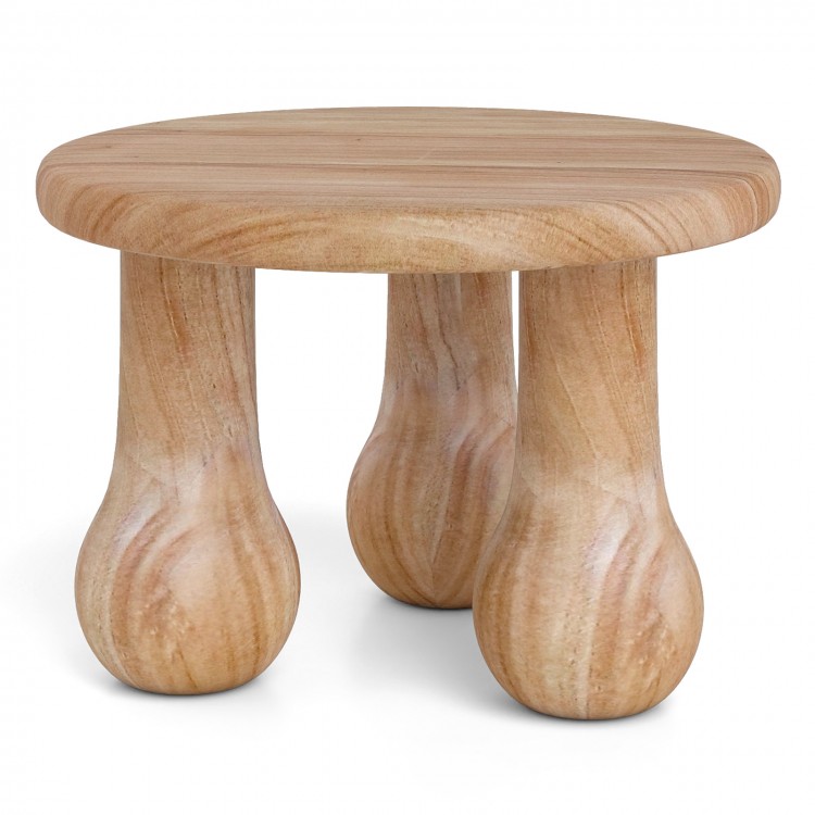 Small solid mahogany wood coffee table featuring a smooth round top and unique column legs, suited for versatile indoor.