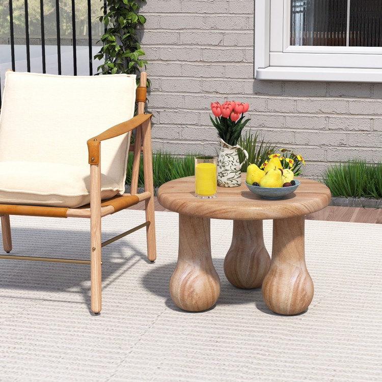 Small solid mahogany wood coffee table with thickened top and column legs, ideal for patio or living room use.