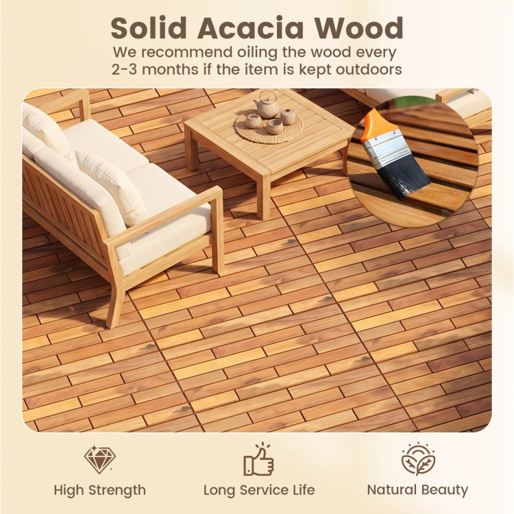 Acacia wood interlocking deck tiles in natural finish, showcasing waterproof design for outdoor patio and balcony use.