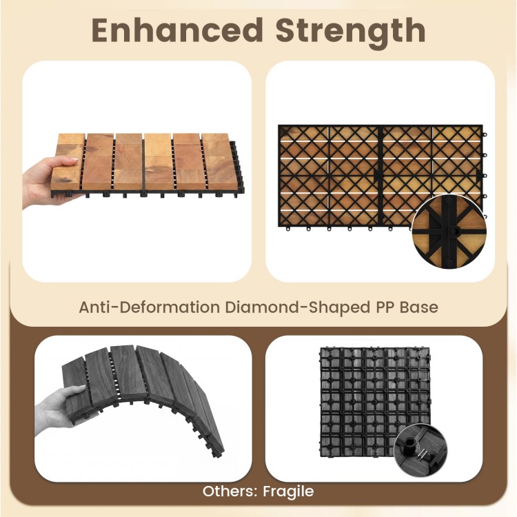 Acacia wood interlocking deck tiles with anti-deformation PP base, ideal for outdoor patios and balconies.