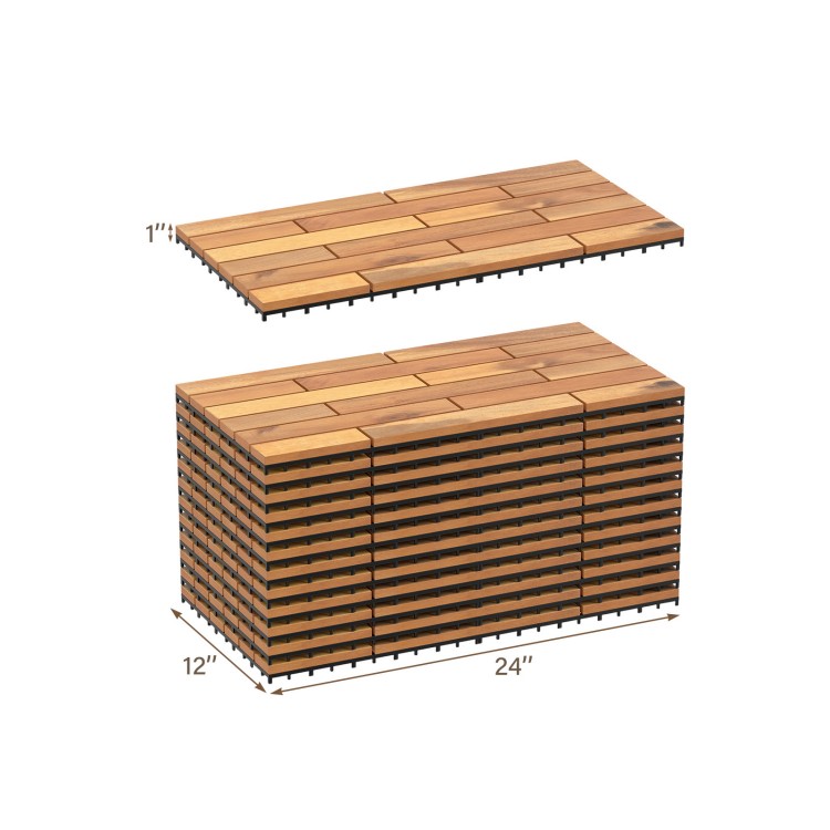 Acacia wood interlocking deck tiles, 24 x 12 inches, waterproof design, ideal for outdoor patios and balconies.