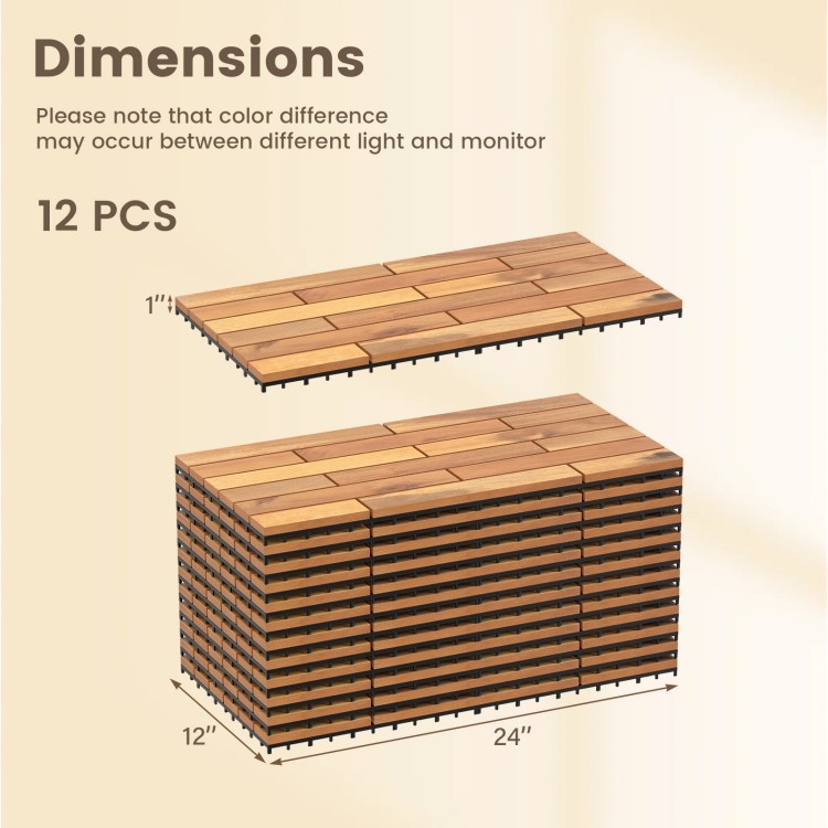 Acacia wood interlocking deck tiles, 24 x 12 inches, 12 pieces, showcasing waterproof design and dimensions.