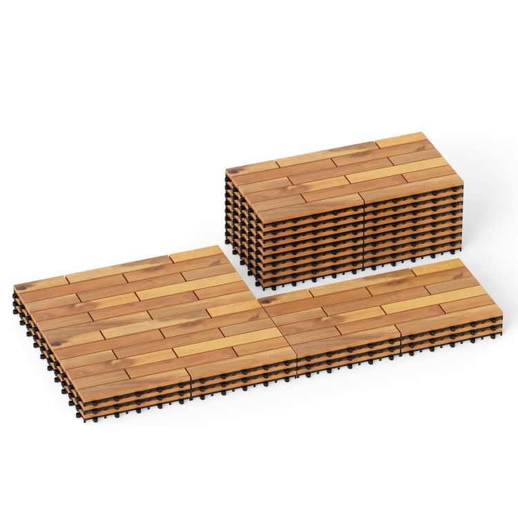 Acacia wood interlocking deck tiles in a stacked arrangement, ideal for outdoor patio and balcony use.