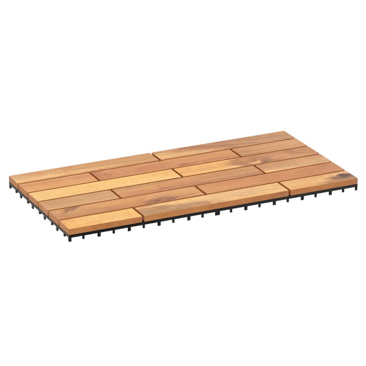 Acacia wood interlocking deck tile, 24 x 12 inches, featuring a waterproof design for outdoor and indoor use.