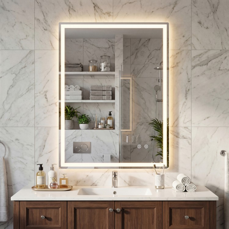 LED bathroom mirror with frontlit and backlit features, 24 x 32 inches, showcasing adjustable brightness and anti-fog.
