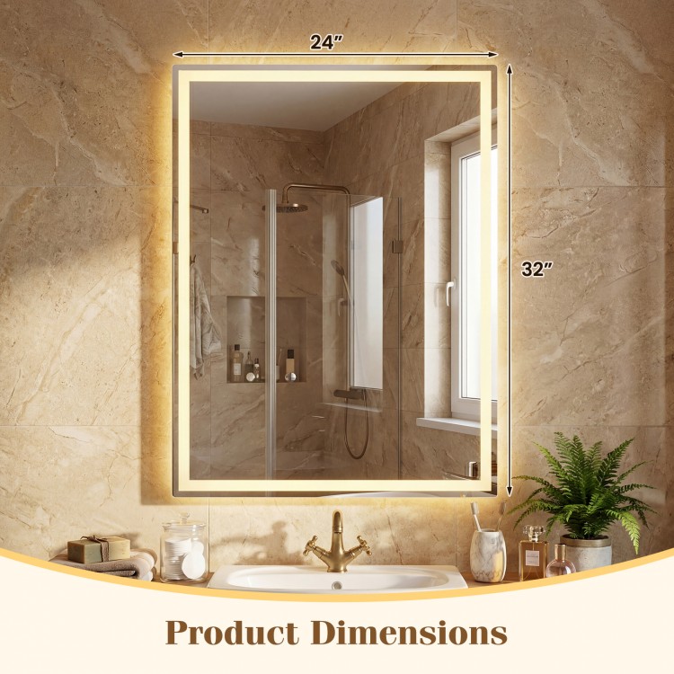 24 x 32 inch LED bathroom mirror with frontlit and backlit features, showcasing dimensions for versatile wall mounting.