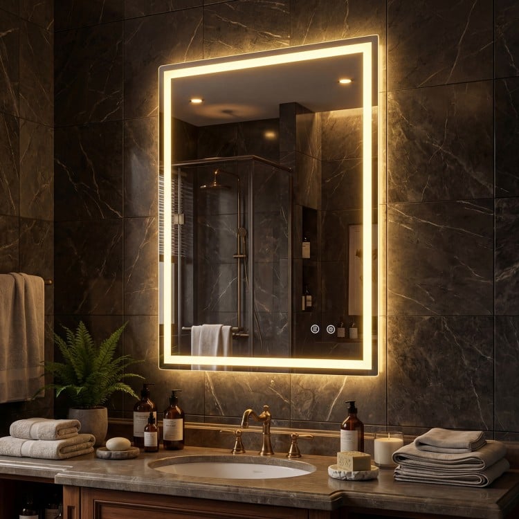 24 x 32 inch LED bathroom mirror with frontlit and backlit features, adjustable brightness, and anti-fog function.