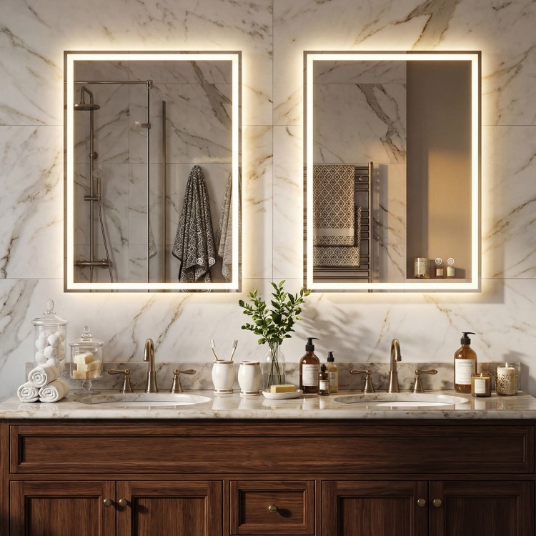 24 x 32 inch LED bathroom mirror with frontlit and backlit features, showcasing adjustable brightness and anti-fog.