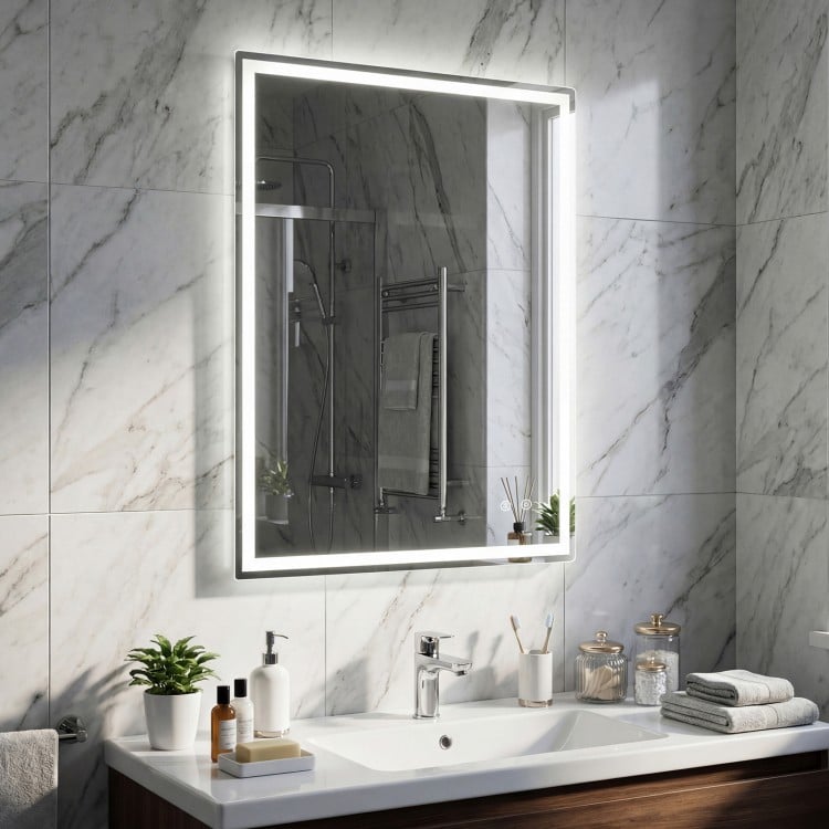 24 x 32 inch LED bathroom mirror featuring a sleek design with frontlit and backlit illumination for modern ambiance.