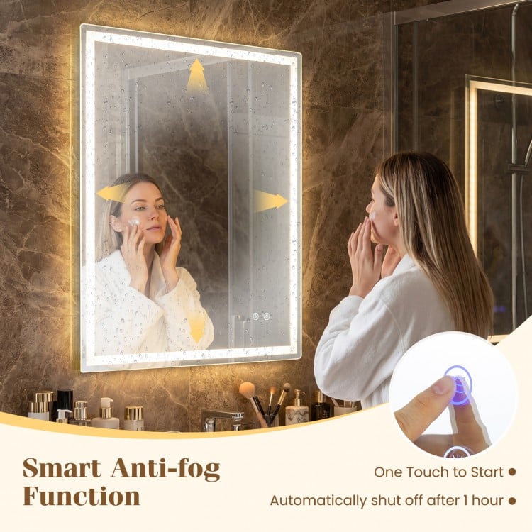 LED bathroom mirror with frontlit and backlit features, 24 x 32 inches, showcasing smart anti-fog function for clear.