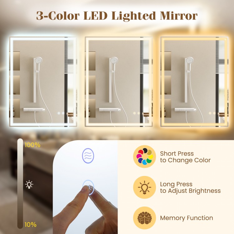 24 x 32 inch LED bathroom mirror with frontlit and backlit features, showcasing 3-color lighting and adjustable.