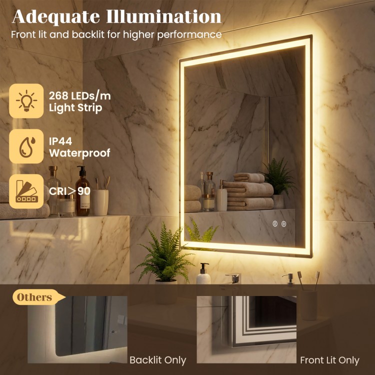 24 x 32 inch LED bathroom mirror with frontlit and backlit features, IP44 waterproof, and adjustable brightness for.