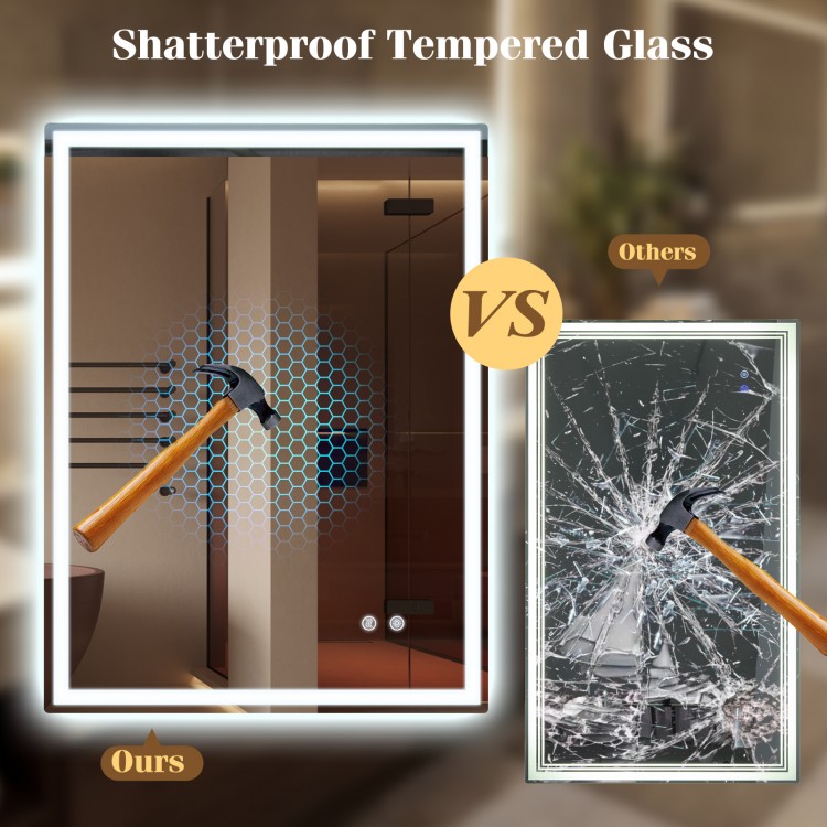 Shatterproof tempered glass comparison showcasing durability of the 24 x 32 inch LED bathroom mirror with adjustable.