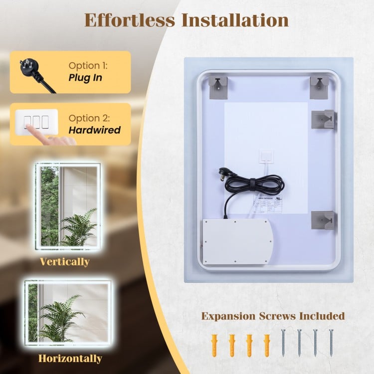 24 x 32 inch LED bathroom mirror with frontlit and backlit features, showcasing effortless installation options.