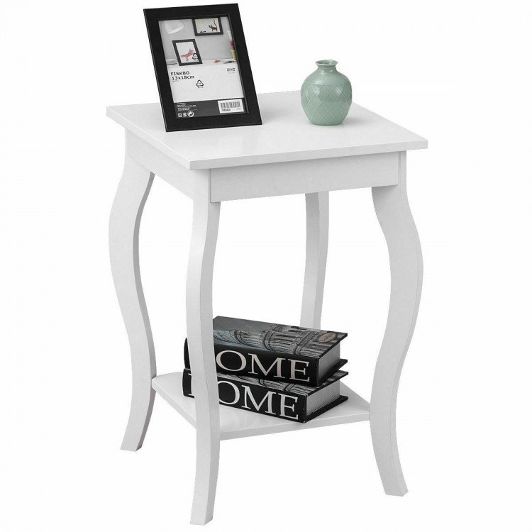 White accent sofa end side table with elegant curved legs, featuring a display shelf for small items and a smooth.